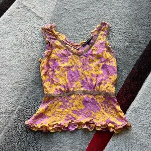 Indigo Palms Silk Orange Gold Lace Trim Peplum Top